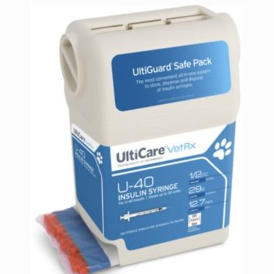 UltiCare VetRx U-40 Insulin Syringe with UltiGuard Safe Pack, 0.5cc Medium Dose, 29g x 0.5 BLUE TOTE