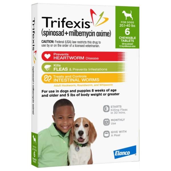Trifexis Chewable Tablet for Dogs, 20.1-40 lbs, (Green Box), 6 Chewable Tablets