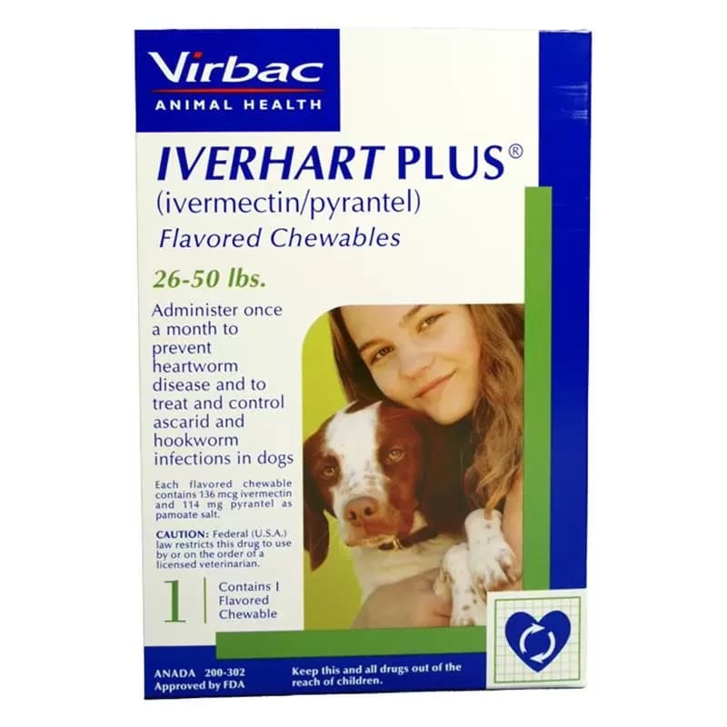 Iverhart Plus Chewable Tablets for Dogs, 26-50 lbs, 1 treatments (Green Box)