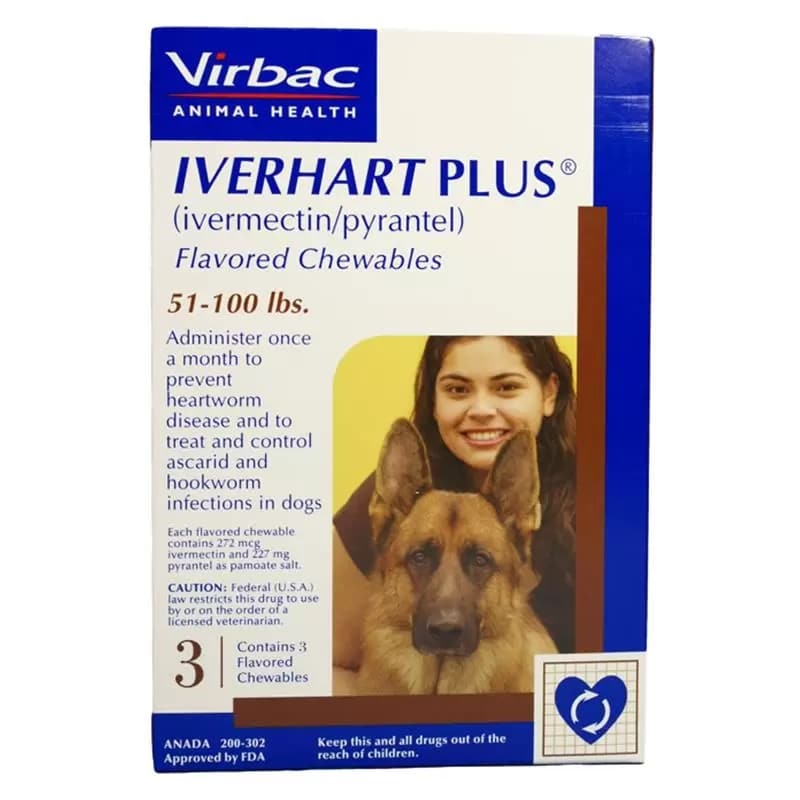 Iverhart Plus Chewable Tablets for Dogs, 51-100 lbs, 3 treatments (Brown Box) By Iverhart Plus