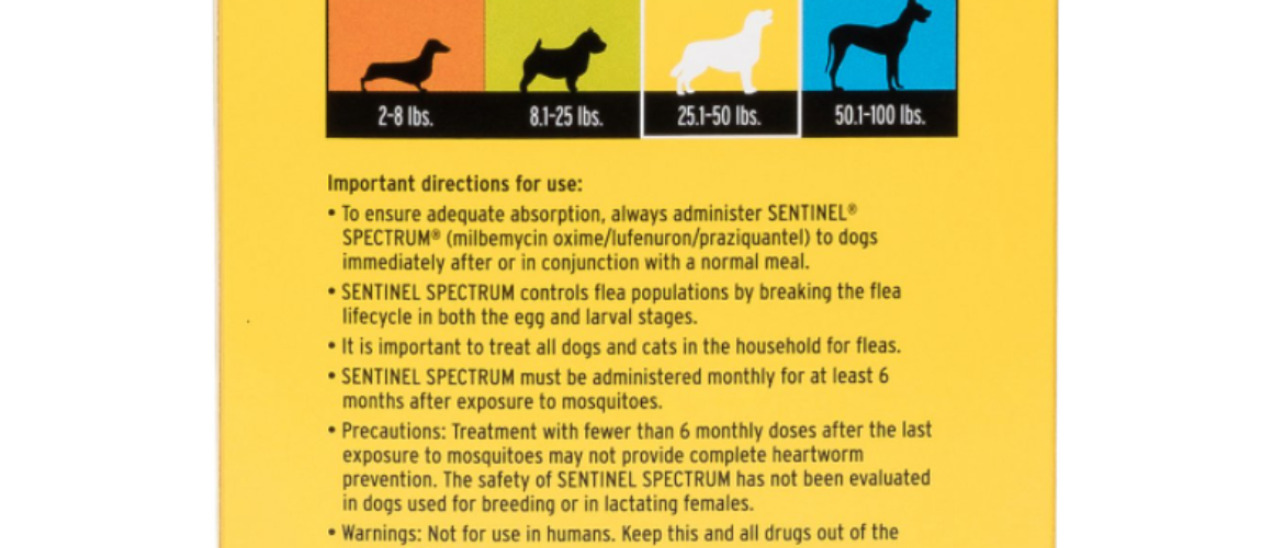 Sentinel Spectrum Chewable Tablets for Dogs, 25.1-50 lbs, 6 treatments (Yellow Box)