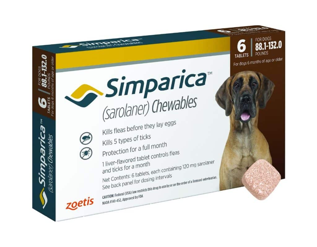 Simparica Chewable Tablets for Dogs, 88.1-132 lbs (Brown Box) 6CT