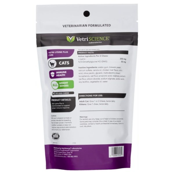 VetriScience Vetri-Lysine Plus Chicken Liver Flavored Soft Chews Immune Supplement for Cats 120ct label