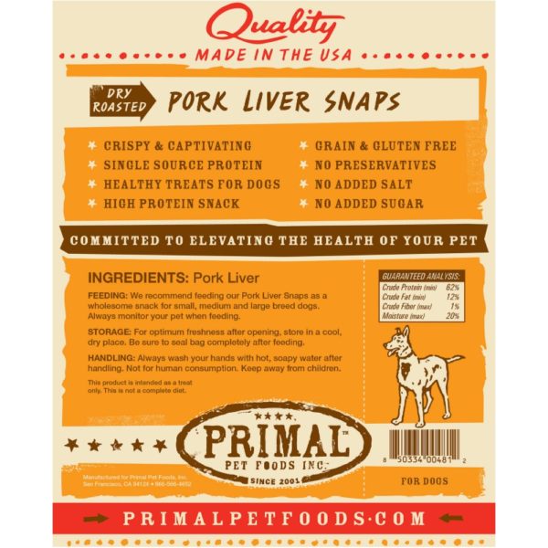 PRIMAL Pork Liver Snaps Dry Roasted Dog Treats 4.25 Oz. Bag